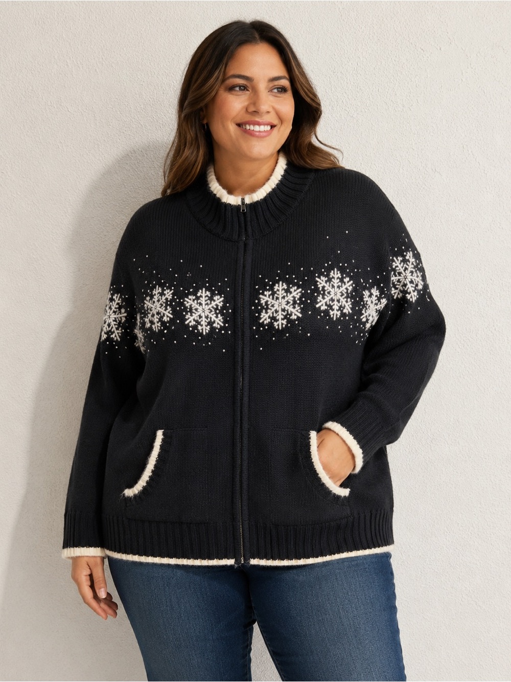 Quacker Factory Cotton blend Black Zip-Up Snowflake Cardigan Cream Trim 1X